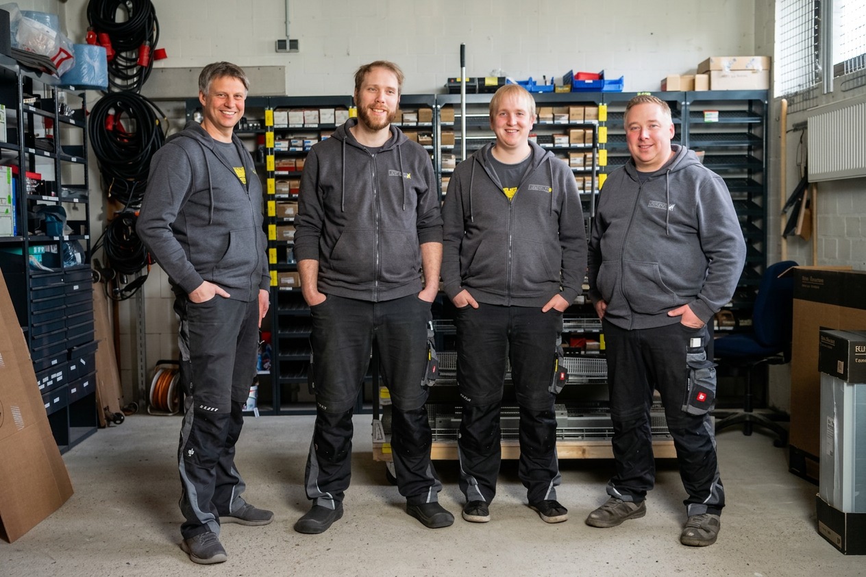 Vier Männer in grauen Arbeitsklamotten stehen lächelnd vor einem Regal mit Elektronik